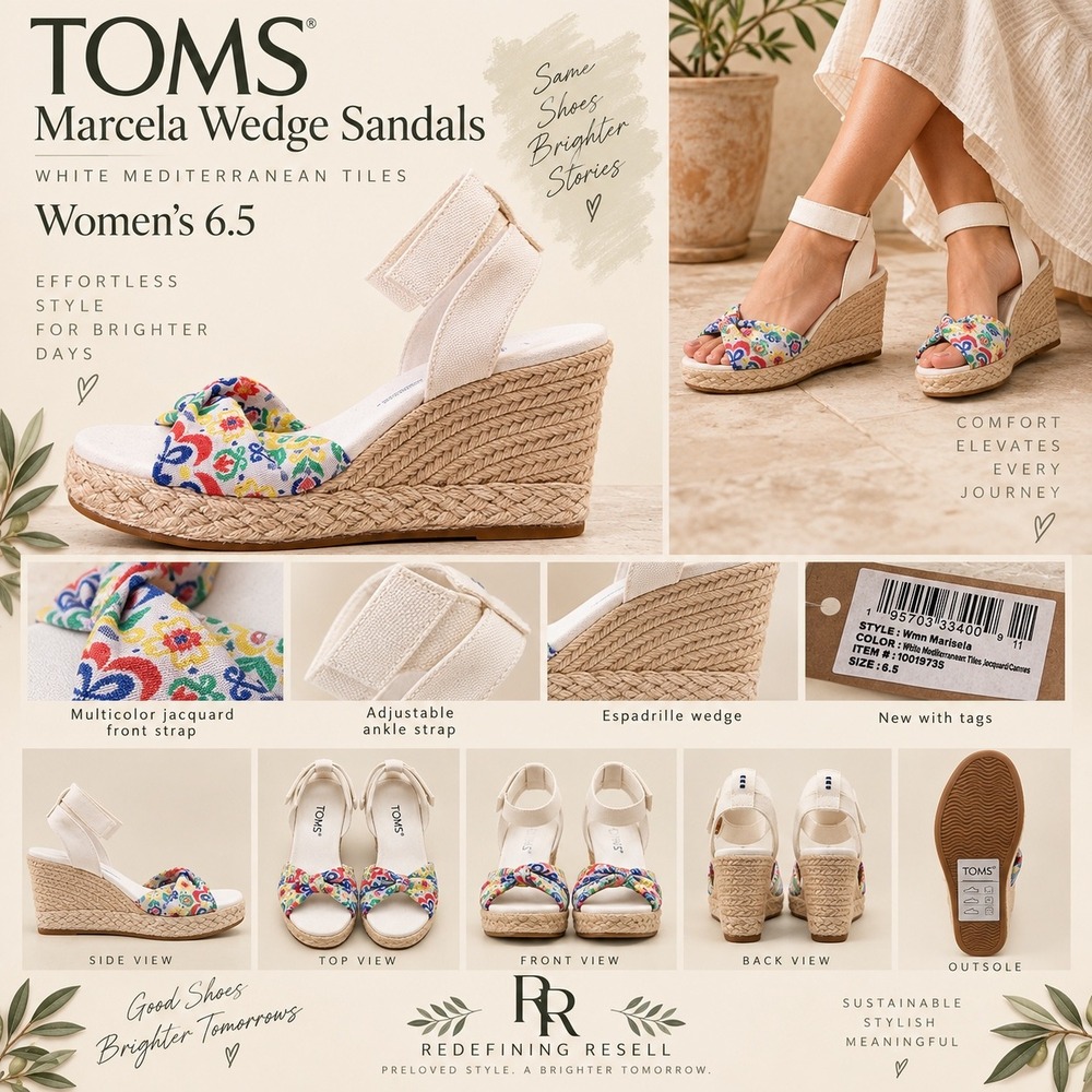TOMS Marisela Wedge Sandals 6.5 White Mediterranean Tiles Jacquard Canvas NEW